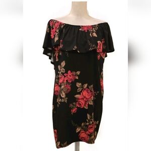 Brat Star Black Floral Off The Shoulder Sheath Dressi Sz 1X USA Made Cottagecore